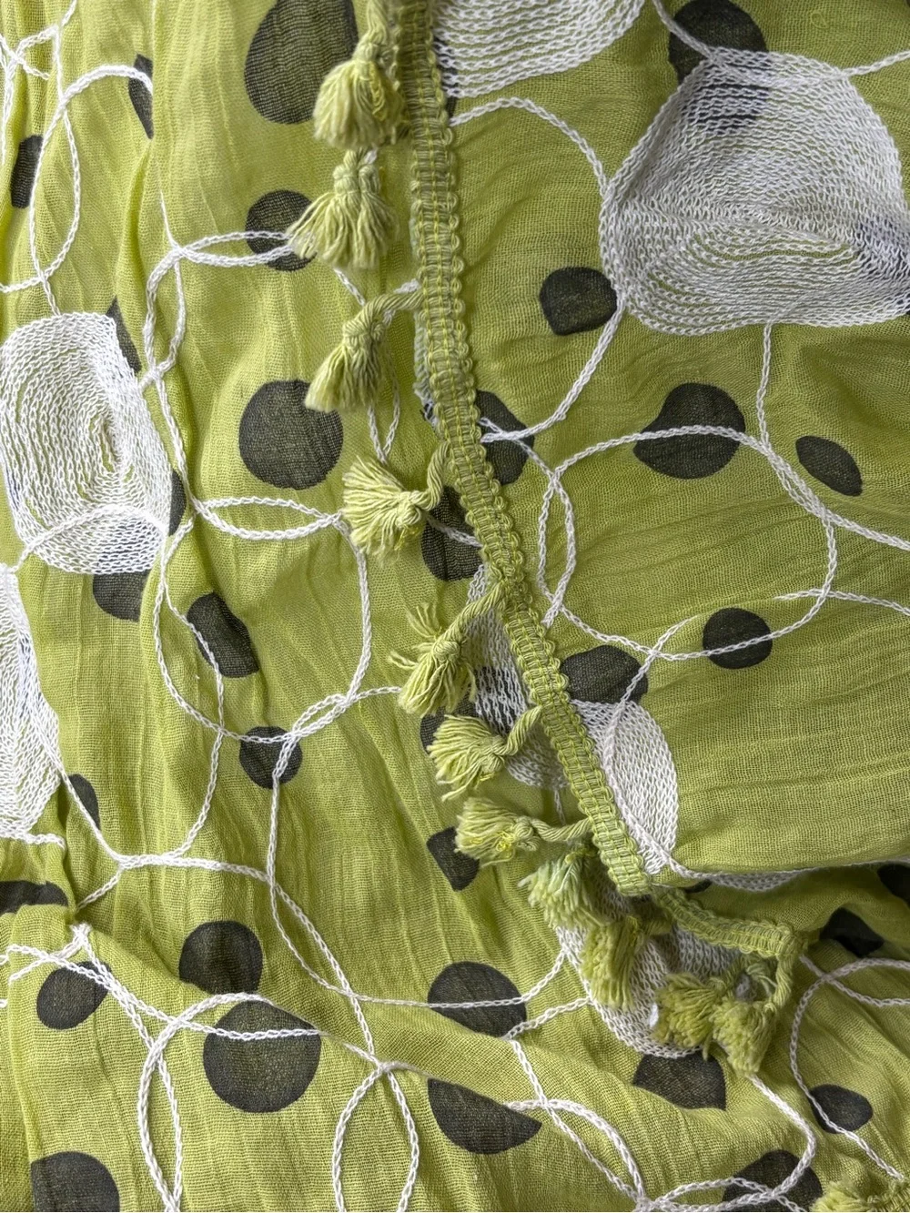 Tickled Pink 100% cotton Lime Green Polka Dot Scarf/ White Embroidery & Tassels